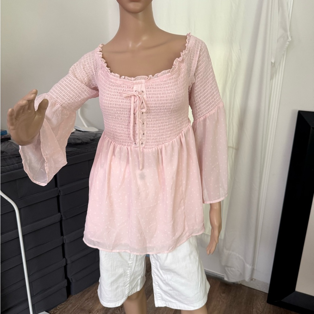 Torrid Pink Smocked Bell Sleeve Blouse